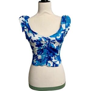 ZARA Blue Floral Linen Blend Crop Top S Tie Shoulder Smocked Back Summer Blouse